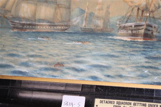 19th century English School, watercolour, Detached squadron getting underweigh from St Thomas, West Indies 1873, 30.5 x 50cm
